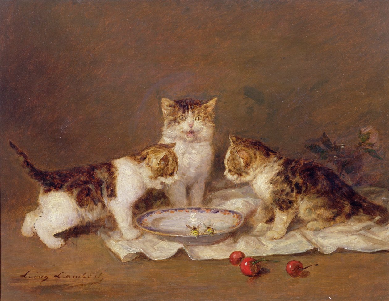 Trois chats, cerises rouges et abeilles - Louis Eugene Lambert