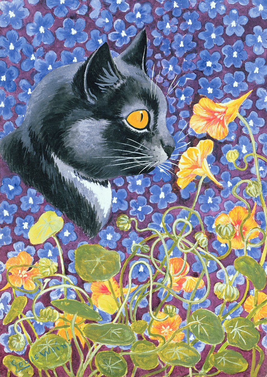 Un chat dans une mer de fleurs - Louis Wain