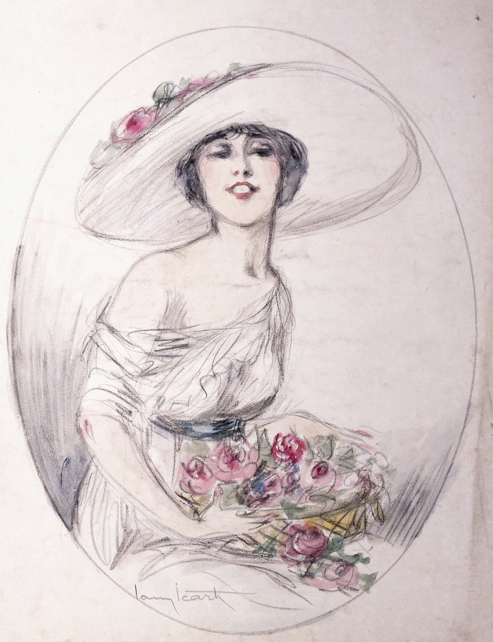 Fille avec Bouquet de Fleurs - Louis Icart
