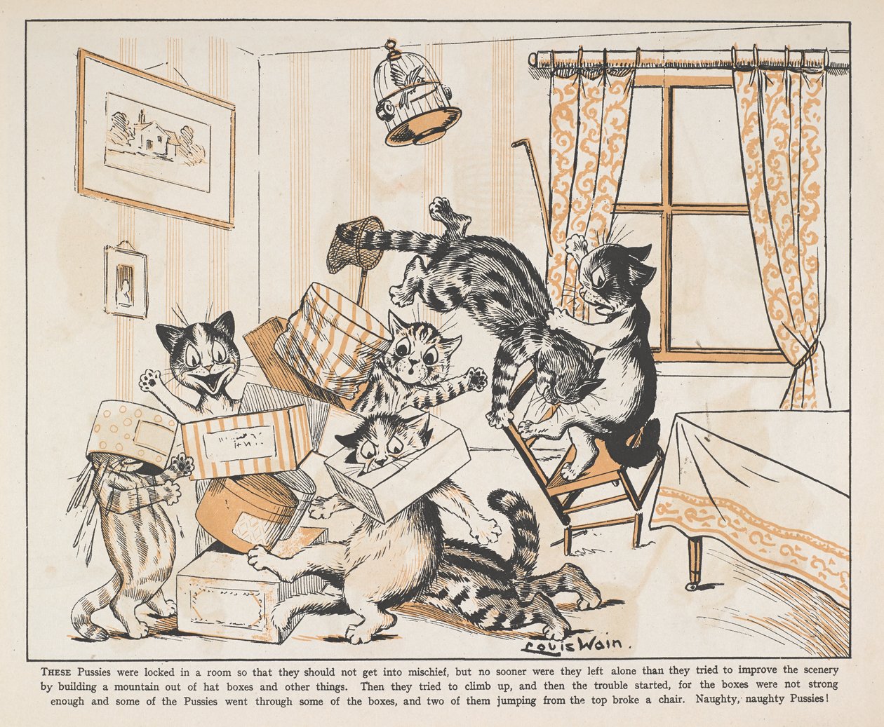 Chats jouant avec des boîtes dans une pièce - Louis Wain