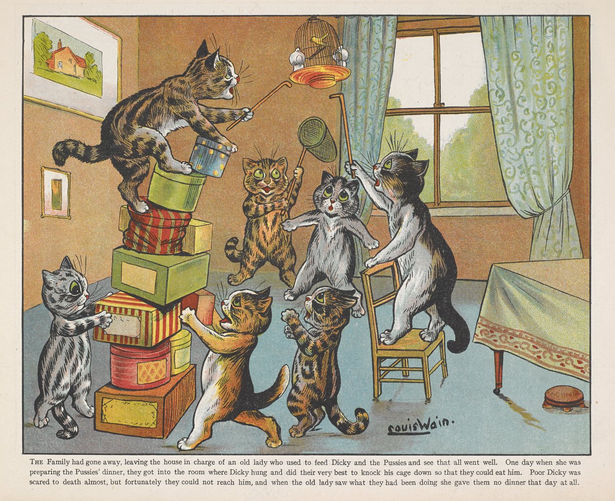 Chats jouant avec des boîtes dans une pièce - Louis Wain
