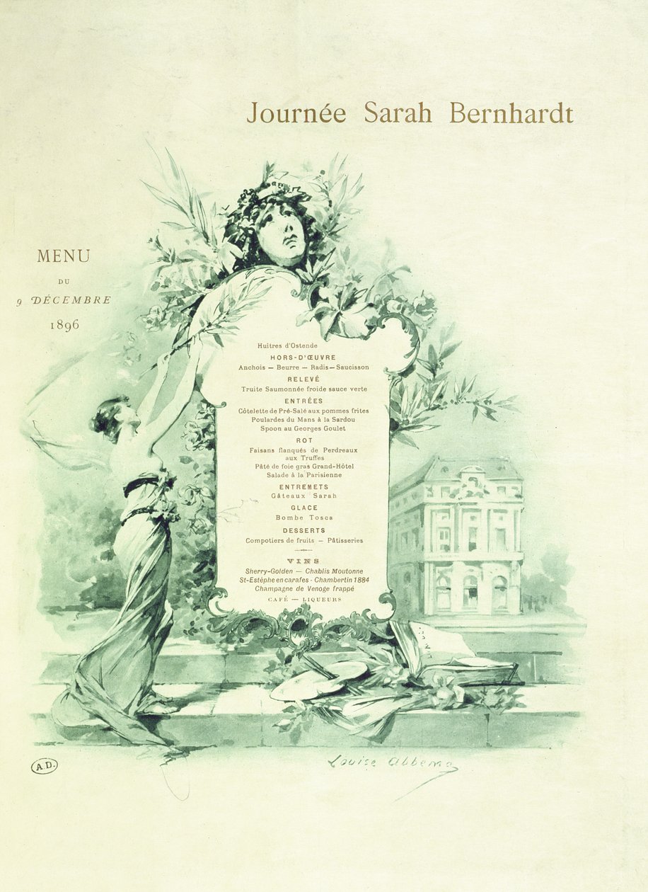 Menu pour la journée de Sarah Bernhardt, 9 décembre 1896 - Louise Abbéma