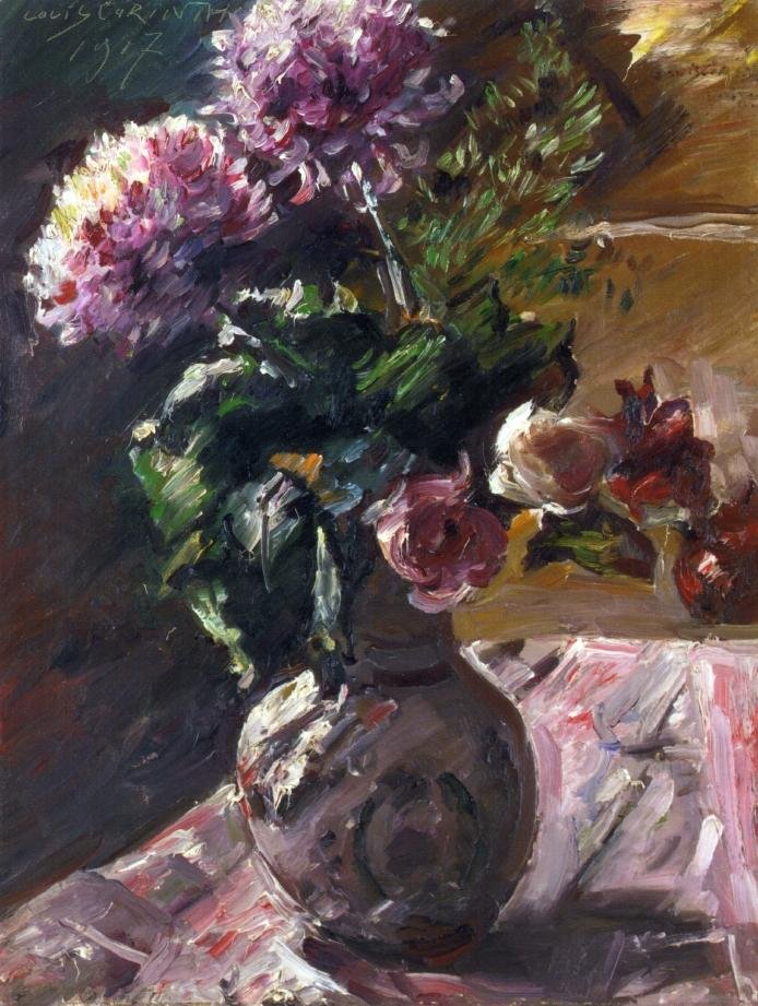 Chrysanthèmes et roses dans un pichet - Lovis Corinth