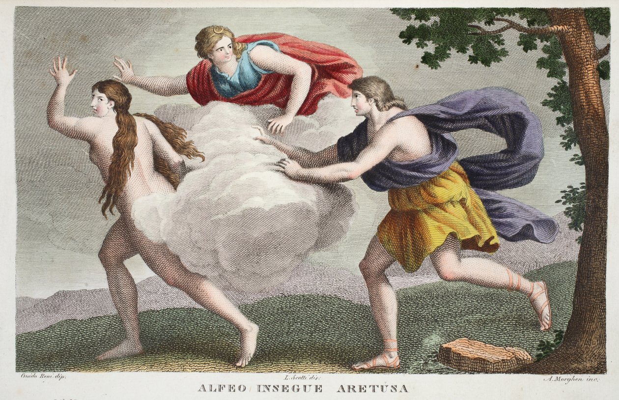 Aréthuse en fontaine ou Alfeo poursuit Aréthuse, Livre V, illustration des Métamorphoses d