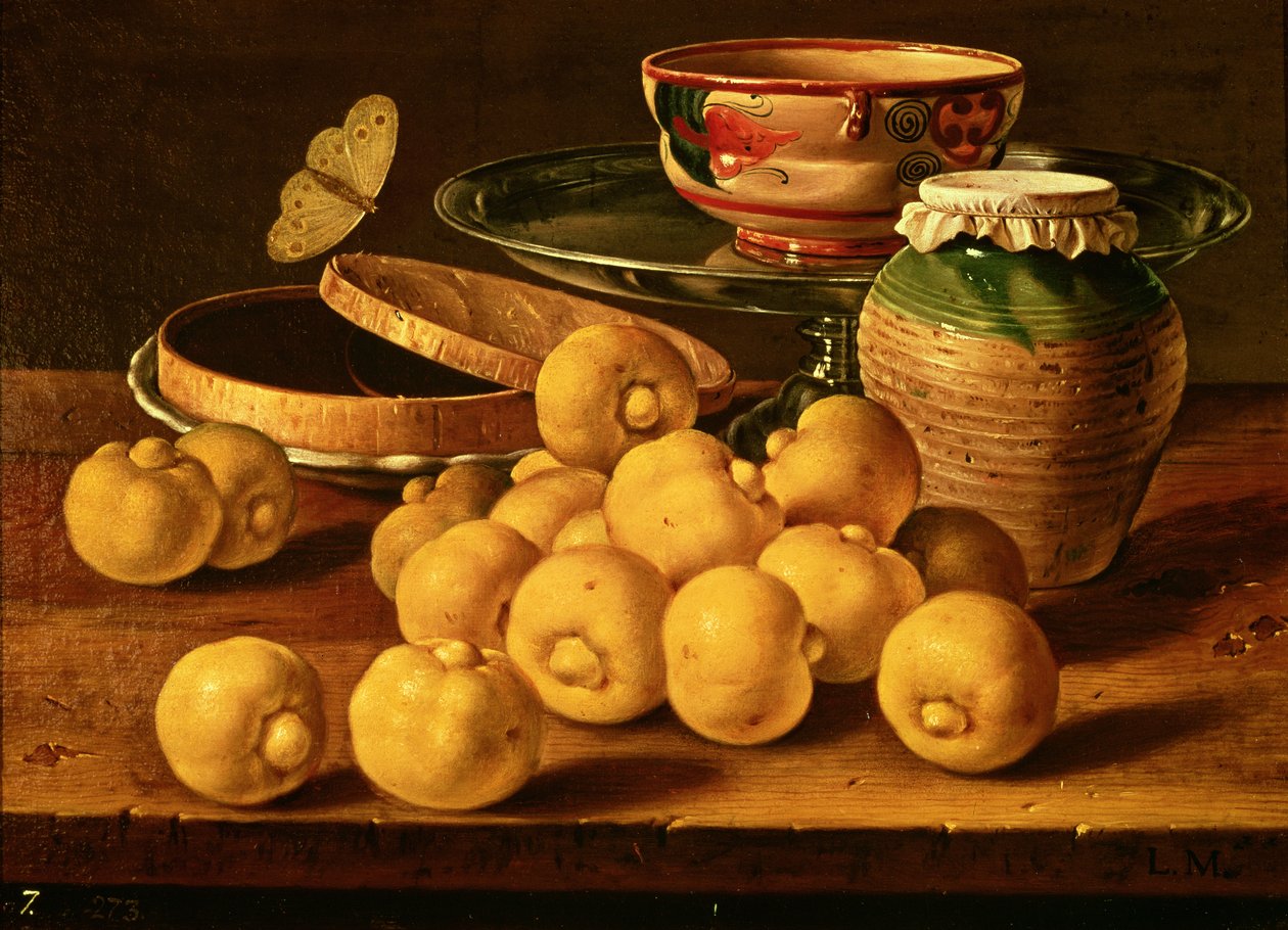 Nature morte avec coings, un plat à fruits en argent, des bols, une boîte à bonbons et un papillon - Luis Egidio Melendez