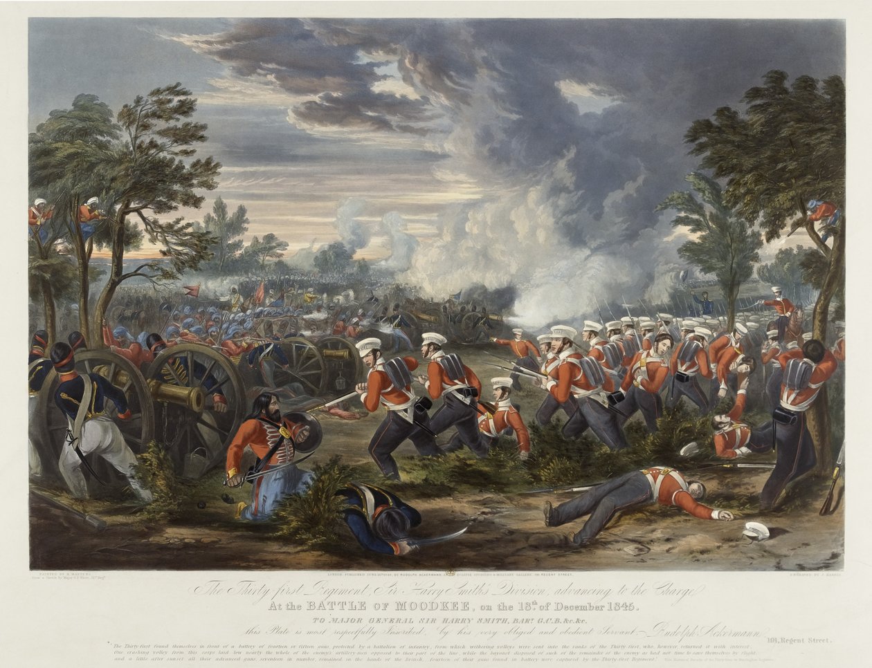 Le 31e régiment, la division de Sir Harry Smith avançant à la charge à la bataille de Moodkee, 18 décembre 1845, publié par Rudolph Ackermann, 18 juin 1848 - Major G.F. White