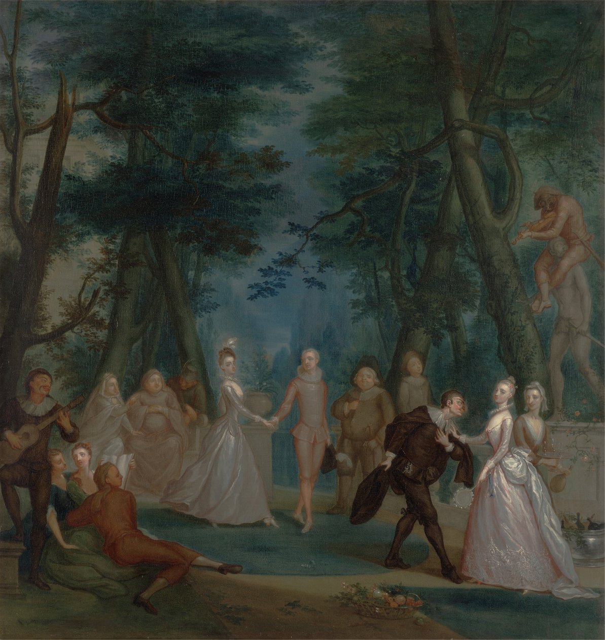 Scène dans un parc, avec des personnages de la Commedia dell