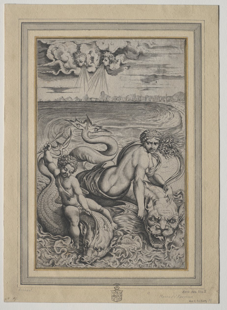 Amour et Cupidon portés par des dauphins, 1500s - Marco Dente