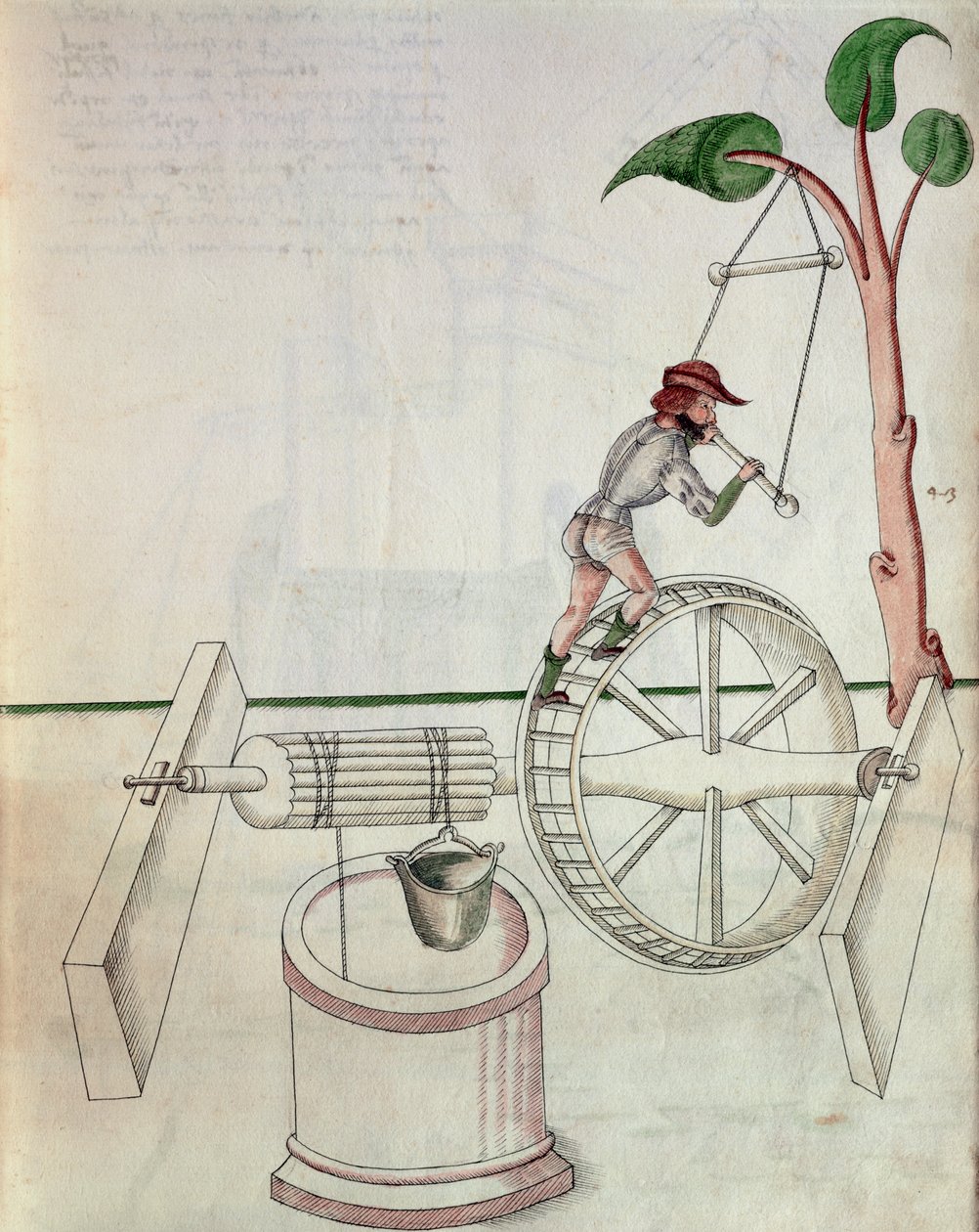 Homme mettant en mouvement un puits à roue, illustration de 