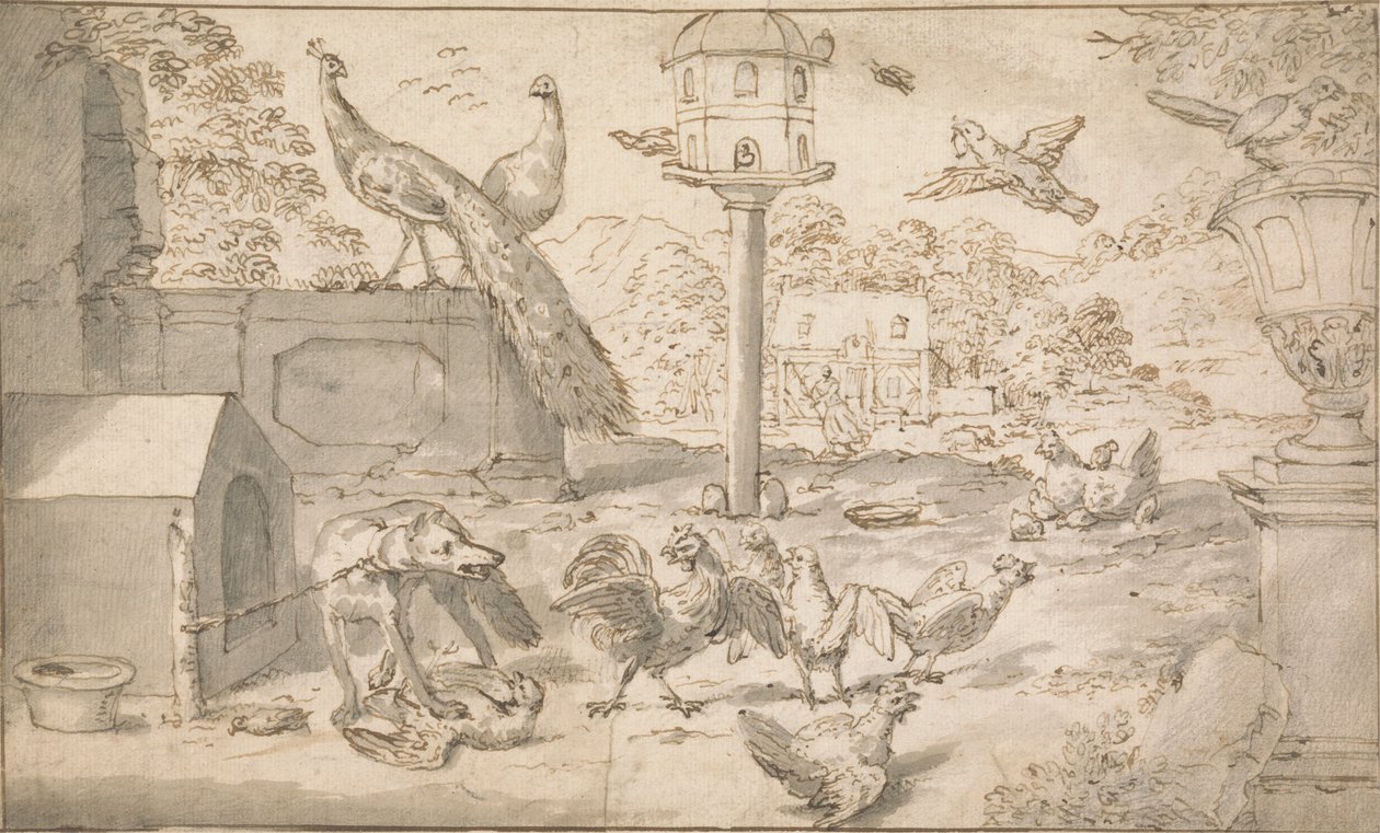 Paysage avec oiseaux et chien - Marmaduke Cradock