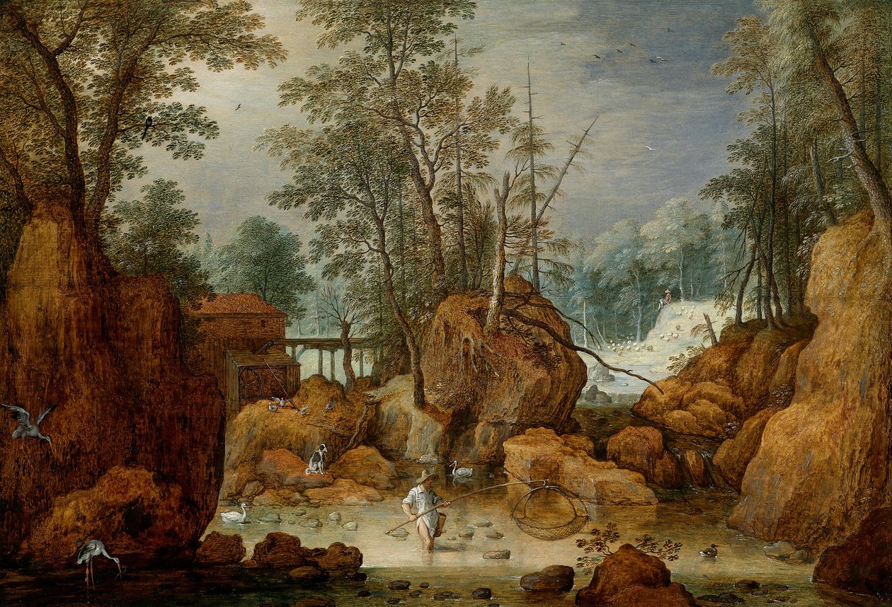 Un pêcheur dans une rivière dans un paysage boisé - Marten Ryckaert