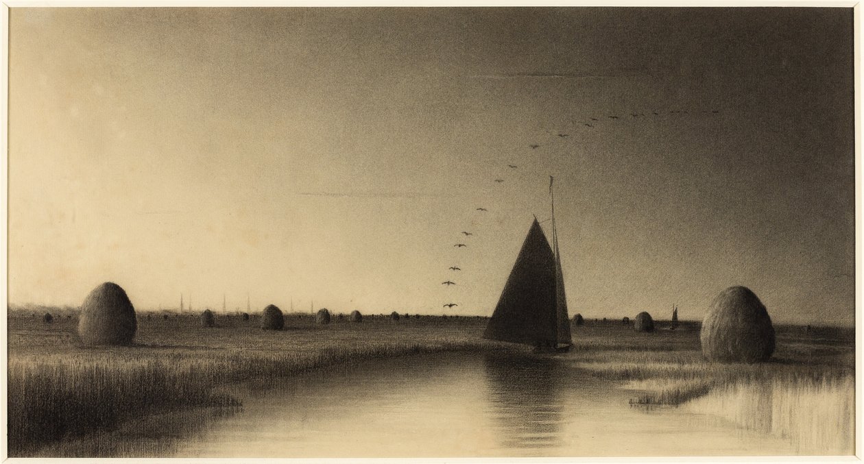 Voilier et meules de foin sur Newbury Marsh - Martin Johnson Heade