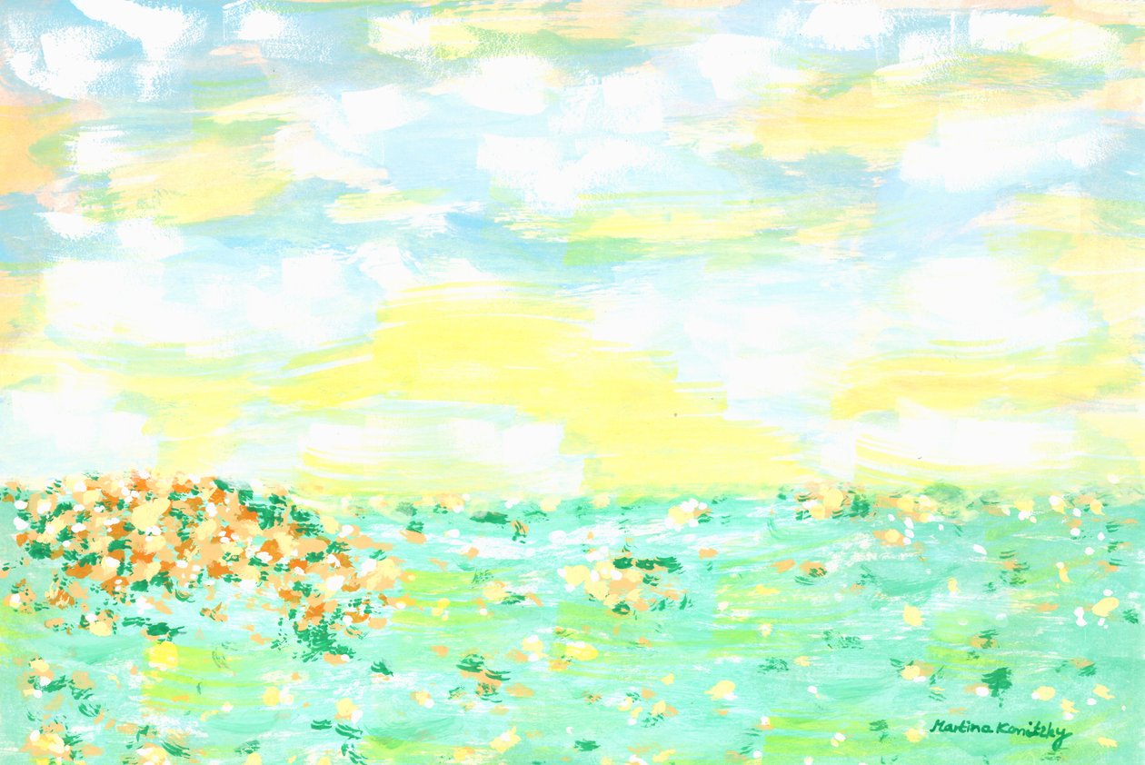 Prairie fleurie et ciel nuageux jaune abricot - Martina Konitzky
