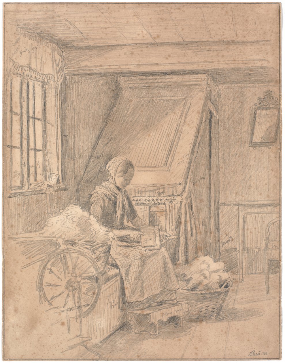 Maison paysanne avec une fille cardant de la laine - Martinus Rørbye
