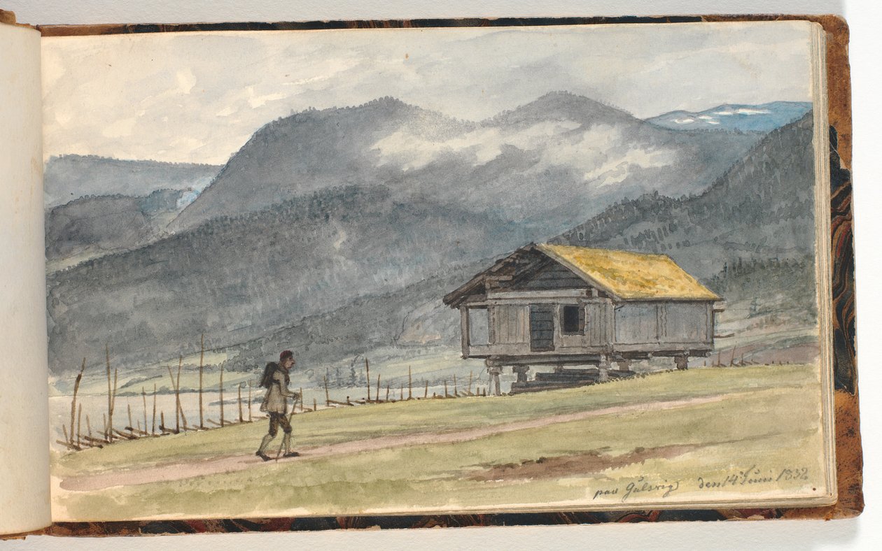 Paysage de montagne avec cabane et randonneur - Martinus Rørbye