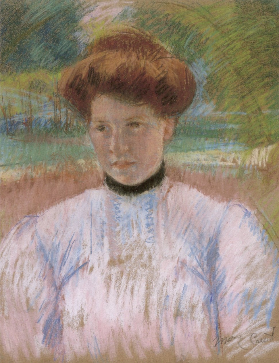 Jeune femme aux cheveux auburn dans une blouse rose - Mary Cassatt