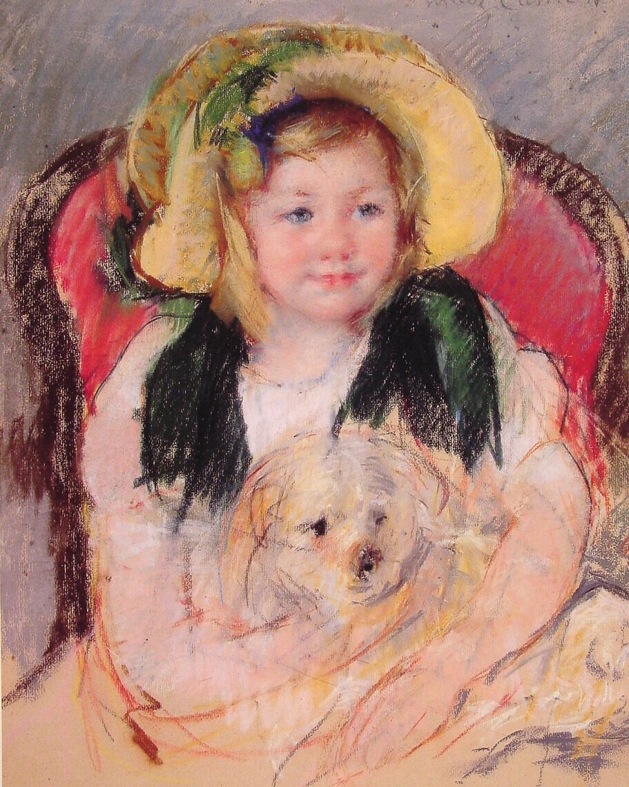 Sara avec son chien dans un fauteuil - Mary Cassatt