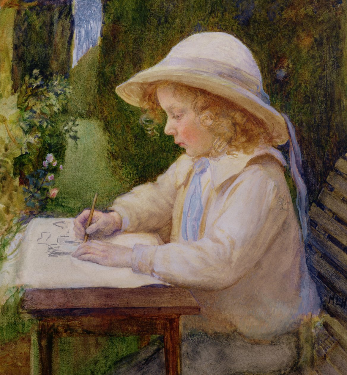Fille dessinant sur une table de jardin (étude) - Mary Harcourt
