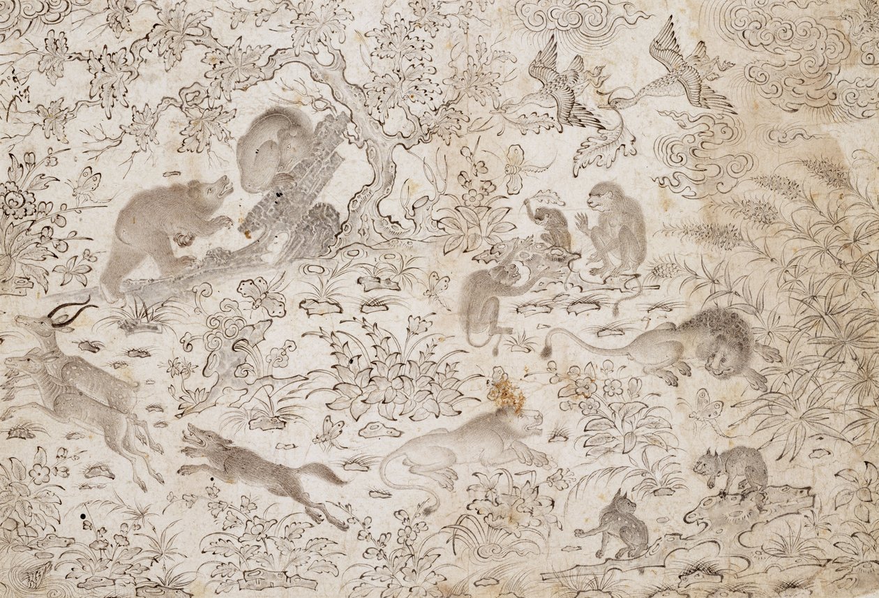 Oiseaux et bêtes dans un paysage fleuri - Master Muhammad Siyah Qalam