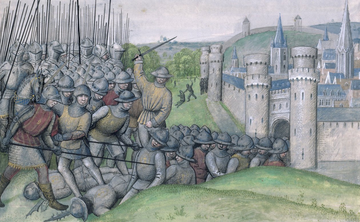 Ms 659 f.282r Louis, Comte de Flandre et la ville de Bruges sont vaincus par Filips van Artefelde et le peuple de Gand à la bataille de Bevenhoutsveld en 1382, 1477 - Master of Mary of Burgundy