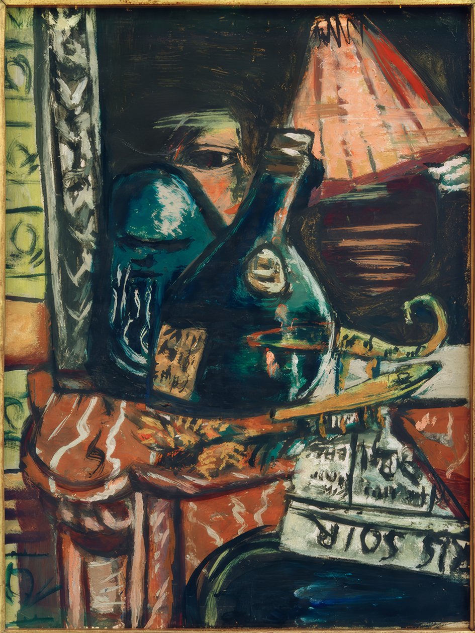 Nature morte avec bouteille de schnaps inclinée et Bouddha - Max Beckmann