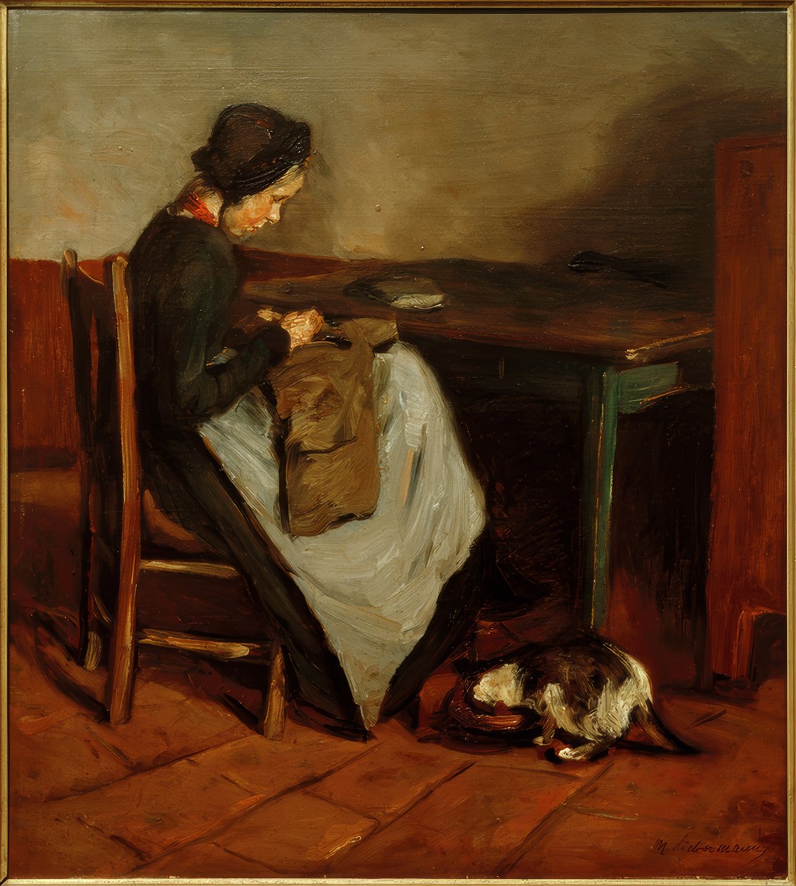 Fille cousant avec un chat - Intérieur hollandais - Max Liebermann