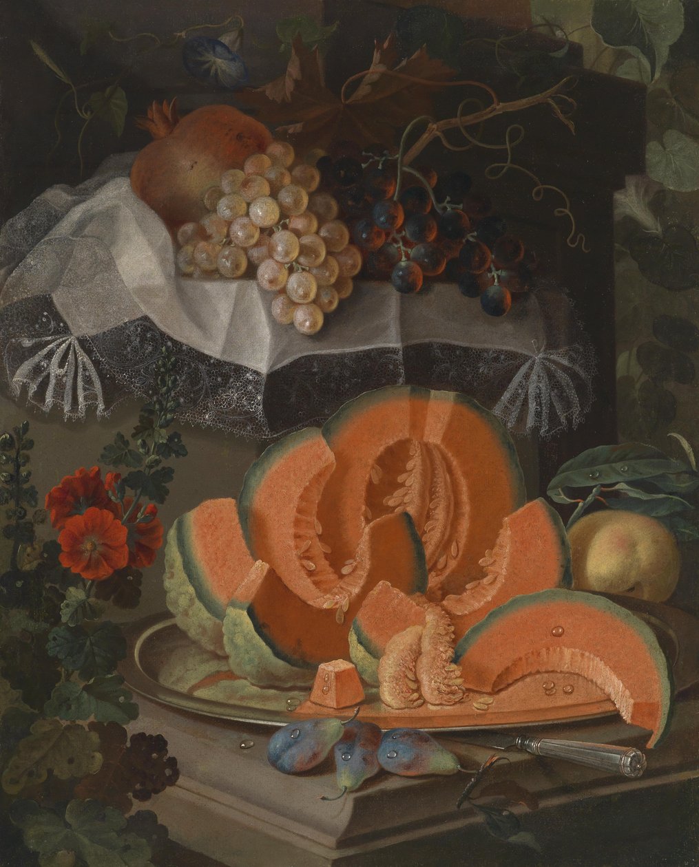 Nature morte avec citrouille coupée et raisins - Maximilian Pfeiler