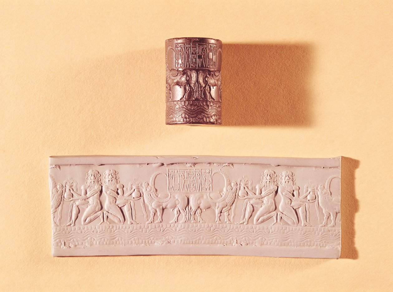 Sceau-cylindre akkadien et impression de Shar-kali-sharri (c.2217-c.2193 av. J.-C.) roi d