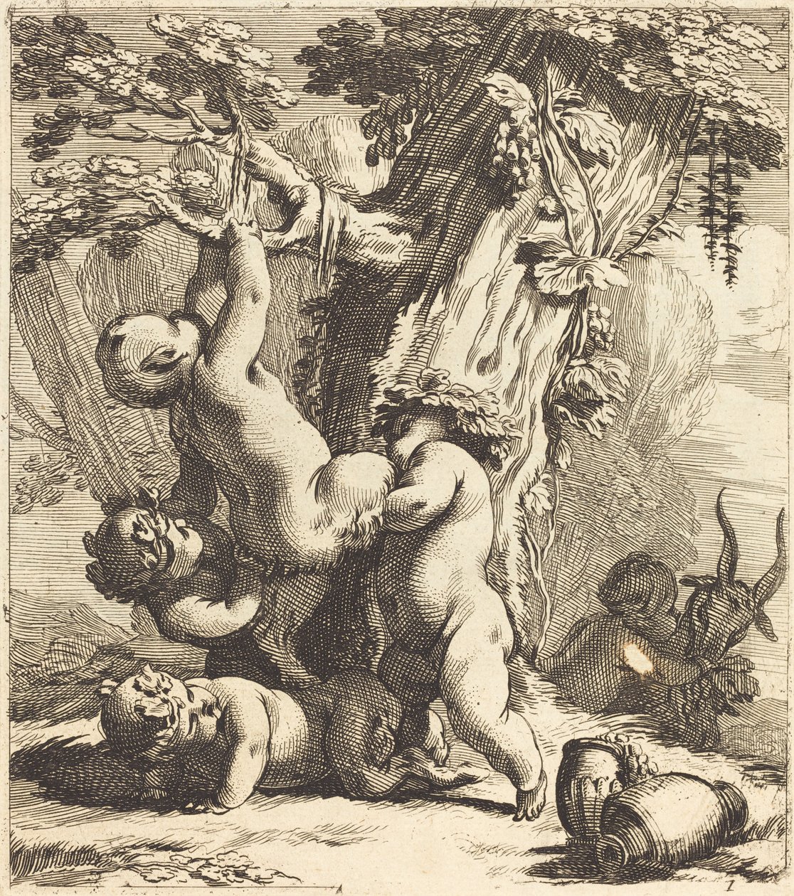 Putti et faunes grimpant sur une vigne - Michel Dorigny