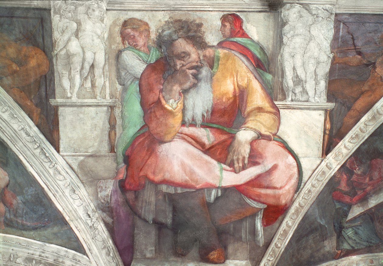 Plafond de la chapelle Sixtine : Le prophète Jérémie (avant restauration) - Michelangelo Buonarroti