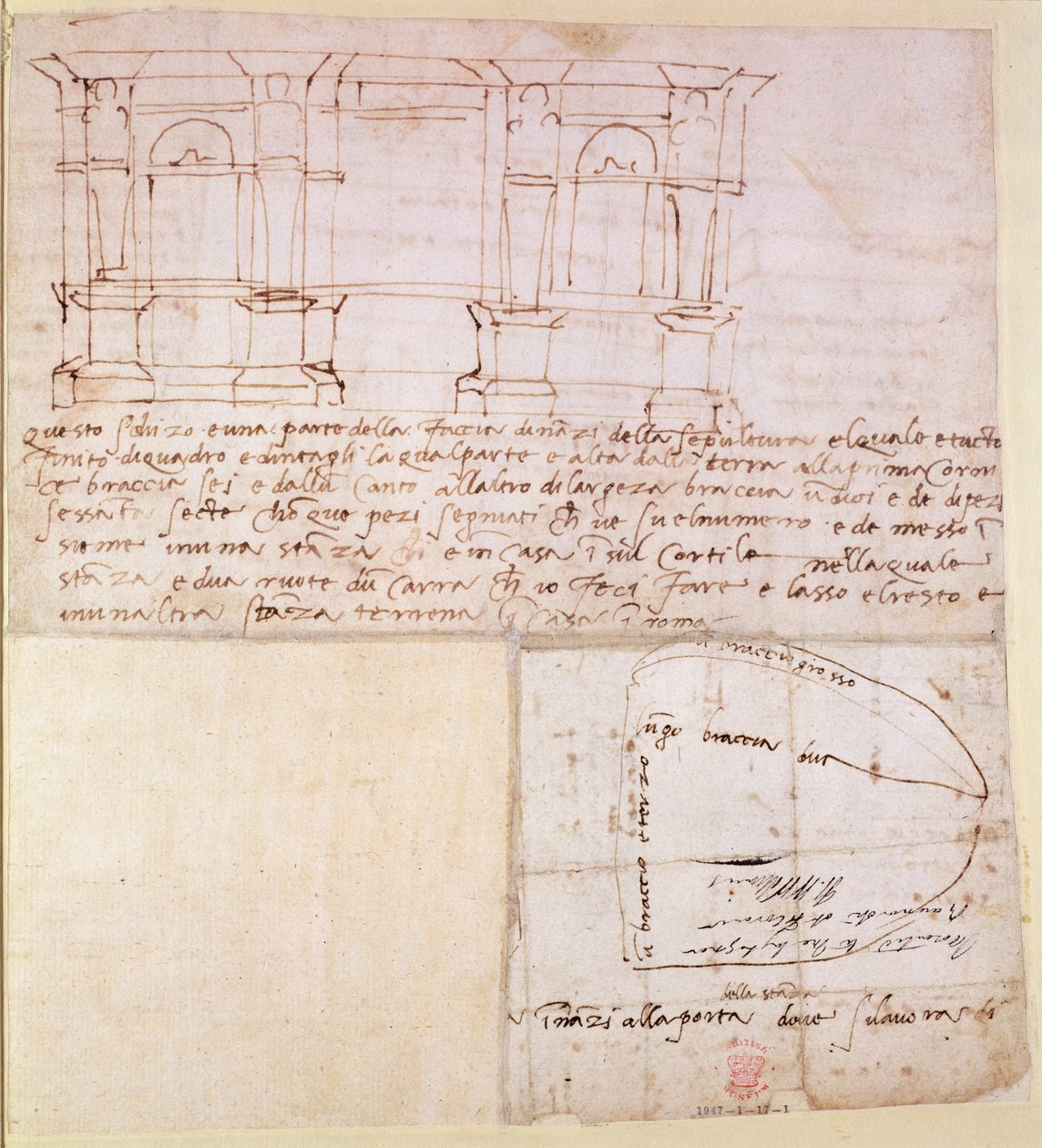 W.23r Croquis architectural avec notes (plume et encre) - Michelangelo Buonarroti