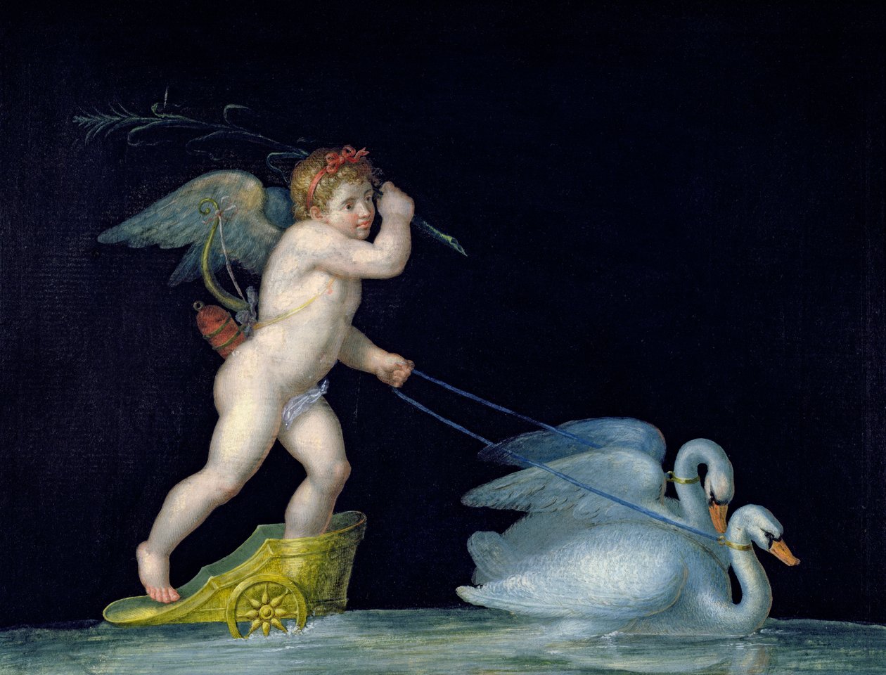 Cupidon conduit par une paire de cygnes - Michelangelo Maestri