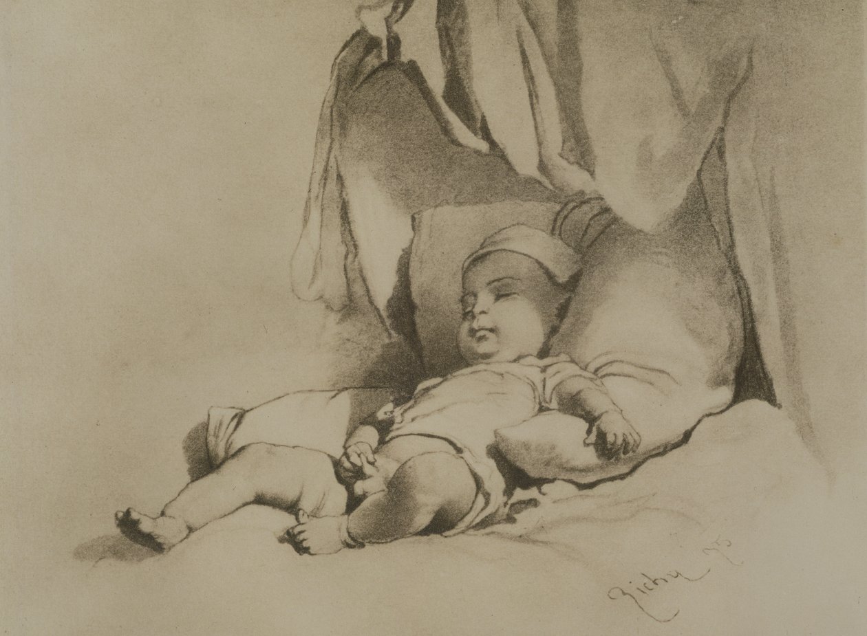 Bébé endormi sur un lit - Mihaly von Zichy