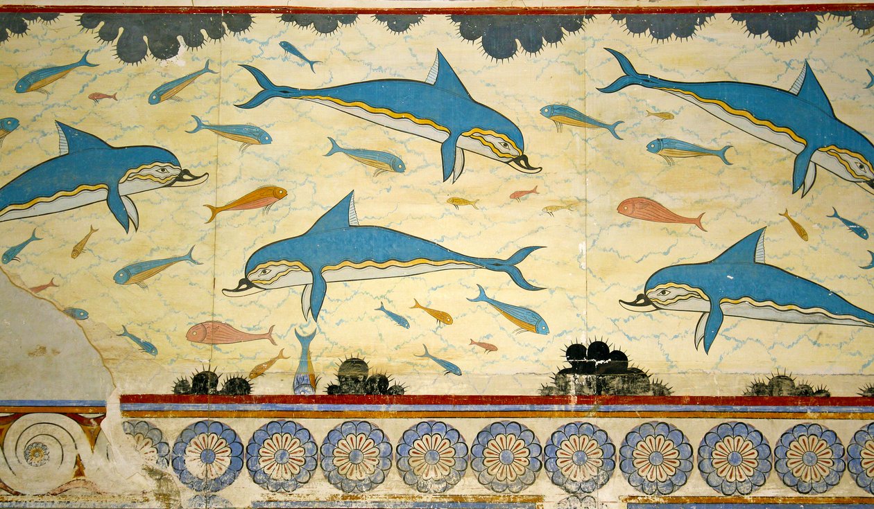 Le fresque des dauphins dans la salle de bain de la reine, Knossos, Crète 1550-1450 av. J.-C. - Minoan