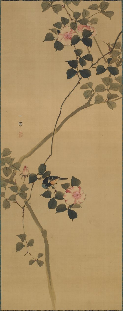 Rose sauvage et un oiseau, Rouleau suspendu - Mori Ippo