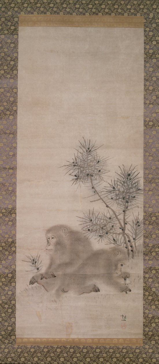 Singe avec des jeunes pousses de pin et un papillon, vers 1800 - Mori Sosen