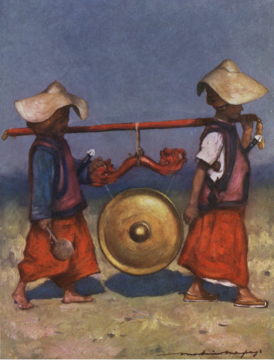 Serviteurs Shan portant un gong en laiton - début du 20e siècle - Mortimer Ludington Menpes