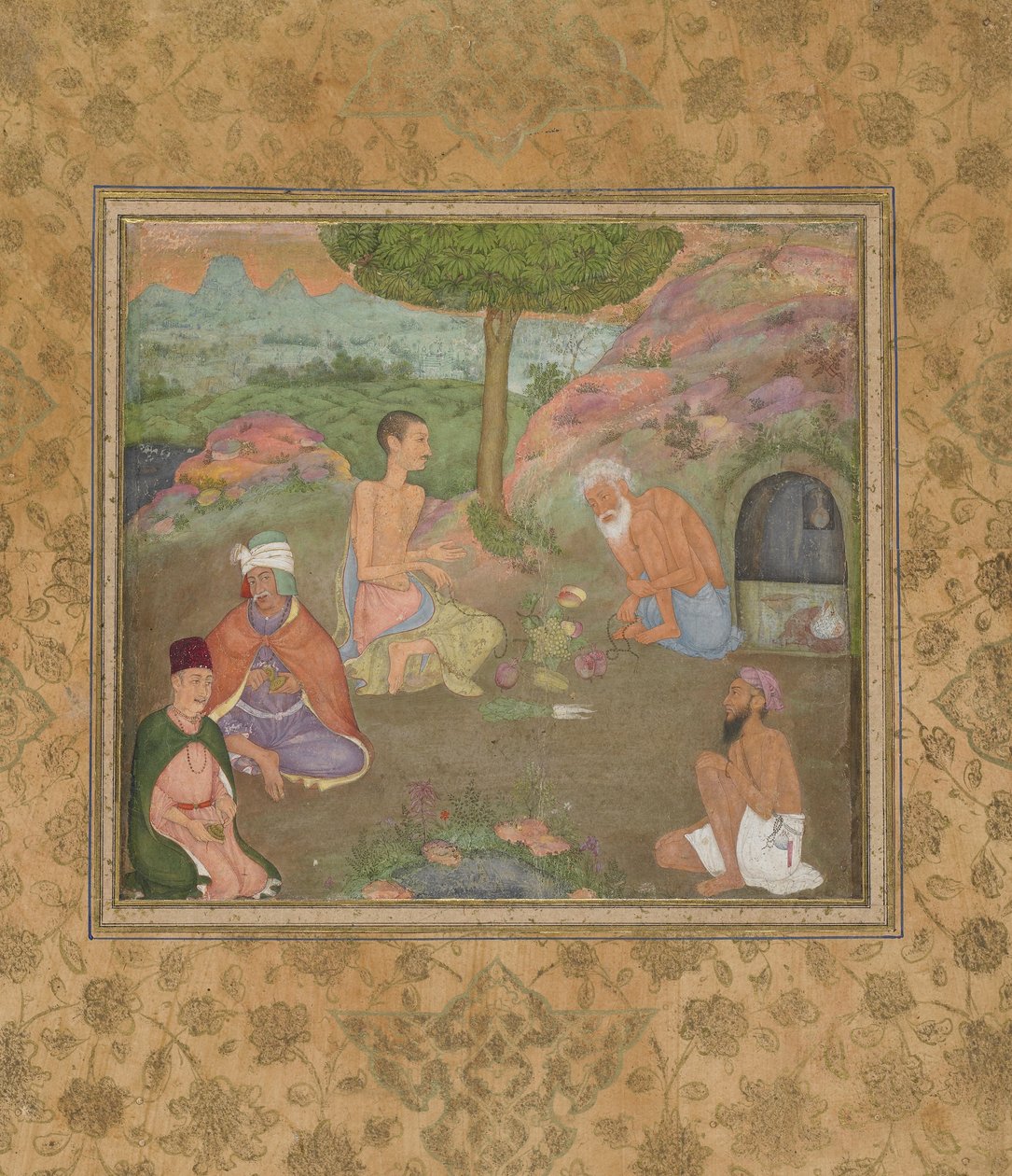 Cinq hommes saints, folio de manuscrit détaché, vers 1670 - Mughal School