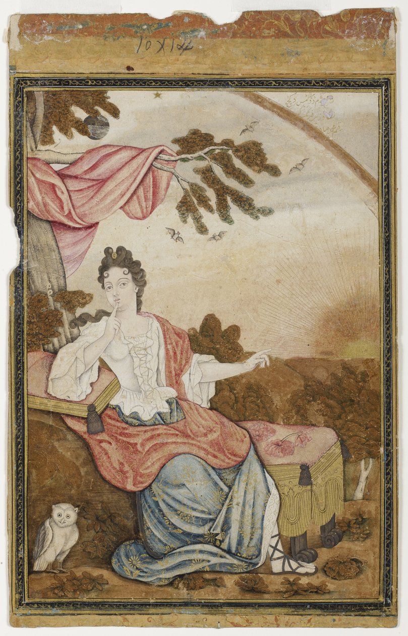 Une femme européenne assise sous une branche, avec un hibou - Muhammad Sadiq