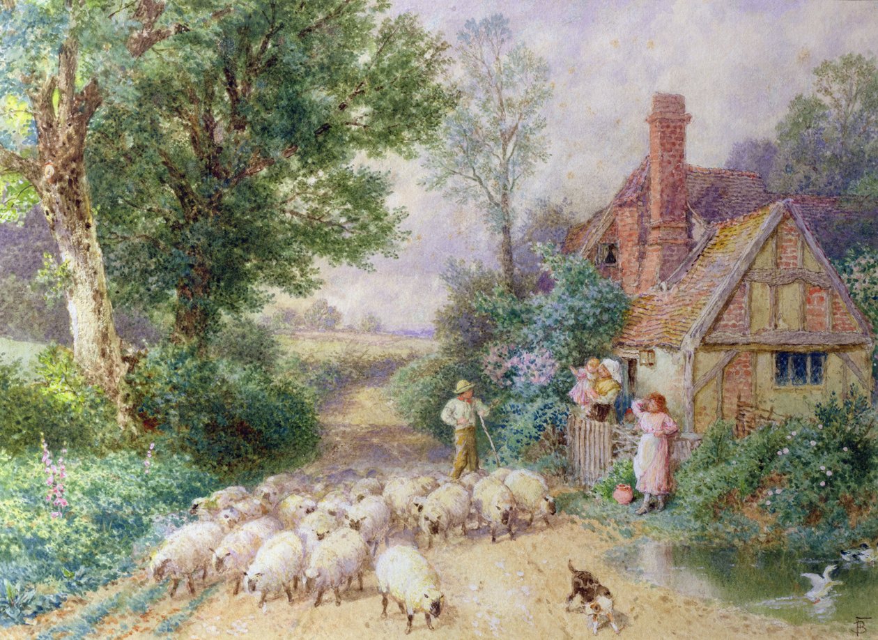 Berger et son troupeau passant devant un cottage - Myles Birket Foster