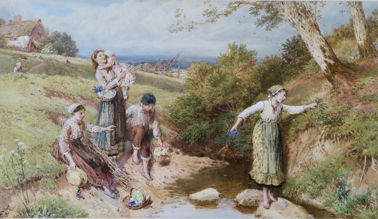 Cueillir des primevères et des fleurs de printemps - Myles Birket Foster