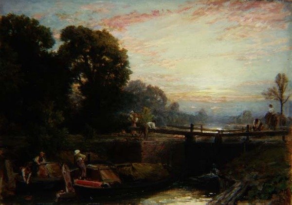 Écluse au coucher du soleil - Myles Birket Foster