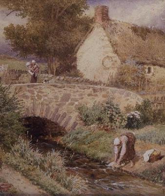 Femme lavant des vêtements dans un ruisseau - Myles Birket Foster