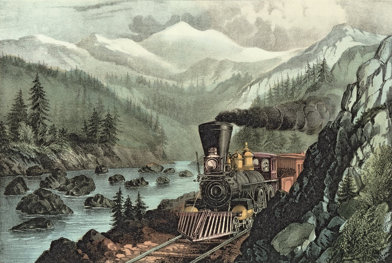 La route vers la Californie. Rivière Truckee, Sierra Nevada. Chemin de fer Central Pacific, 1871 - N. and Ives, J.M. Currier