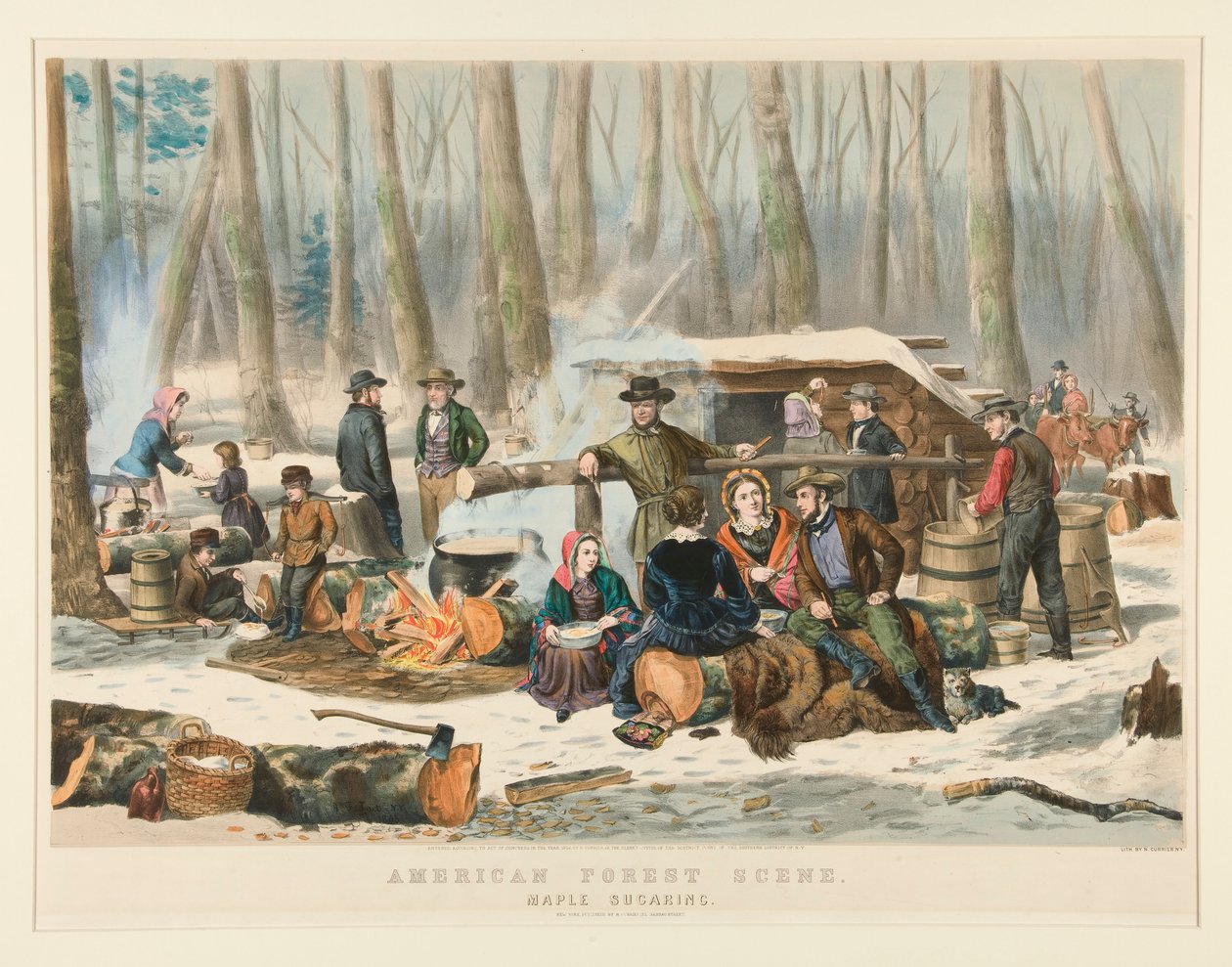Scène de forêt américaine, récolte de sirop d