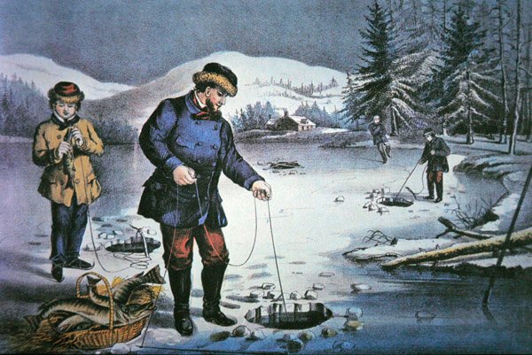 Vie de pionnier américain : pêche à travers un trou de glace - Nathaniel Currier