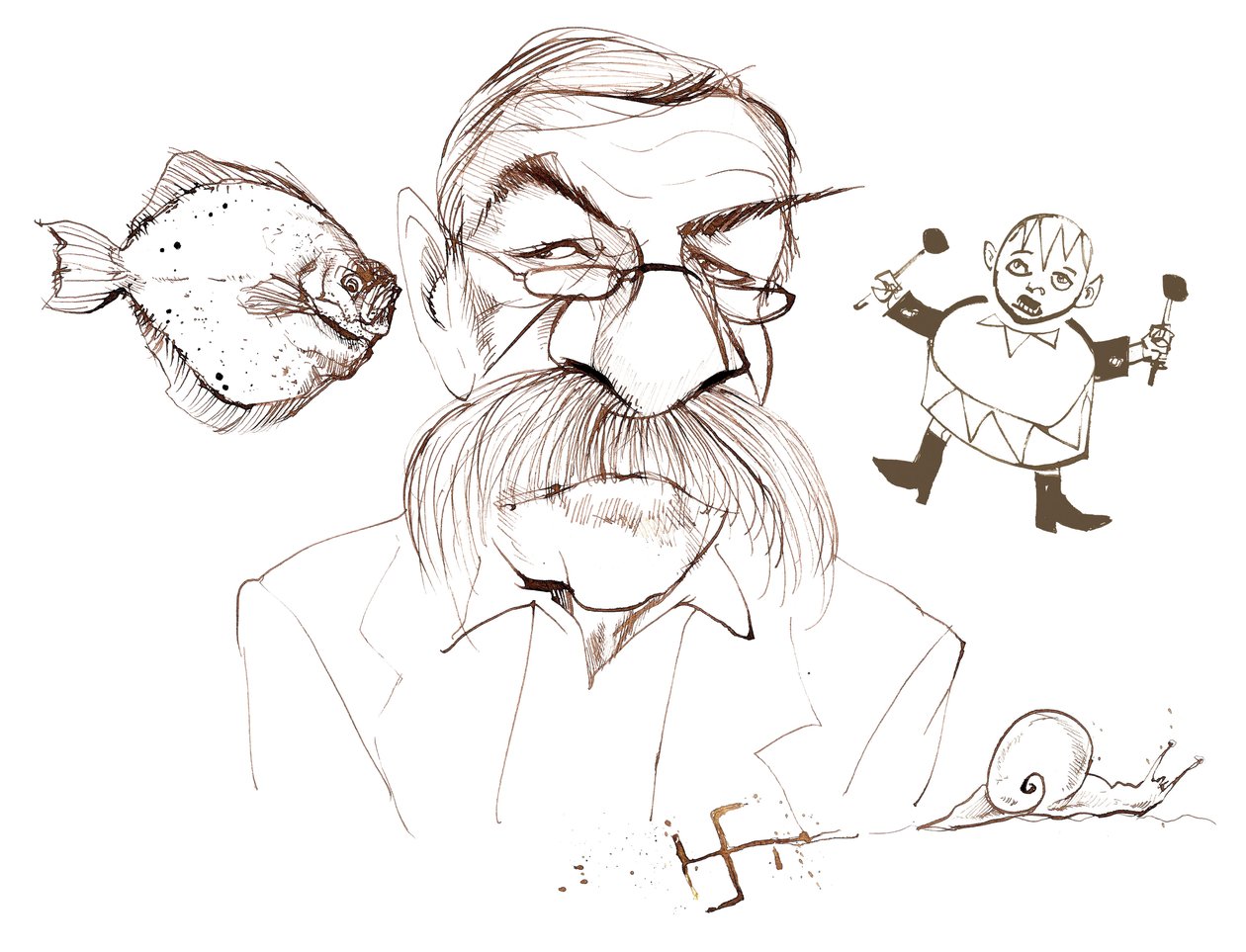 Günter Grass, romancier, poète, dramaturge et artiste allemand; caricaturé avec des références à ses livres : Le Turbot - Der Butt (roman de 1977); Du journal d
