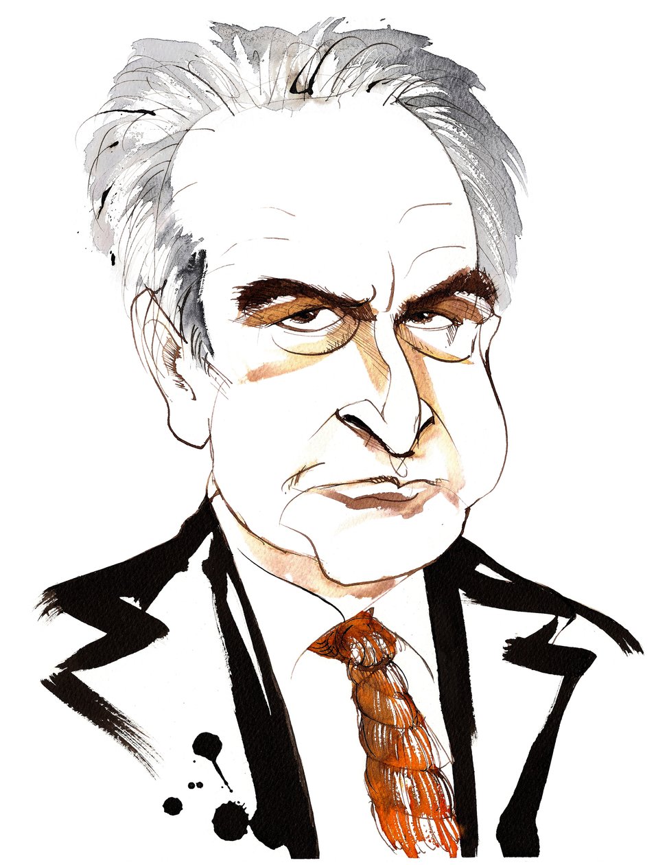 John Banville, romancier et scénariste irlandais; écrivain de romans policiers sous le pseudonyme de Benjamin Black; caricature avec cravate en nœud coulant - Neale Osborne
