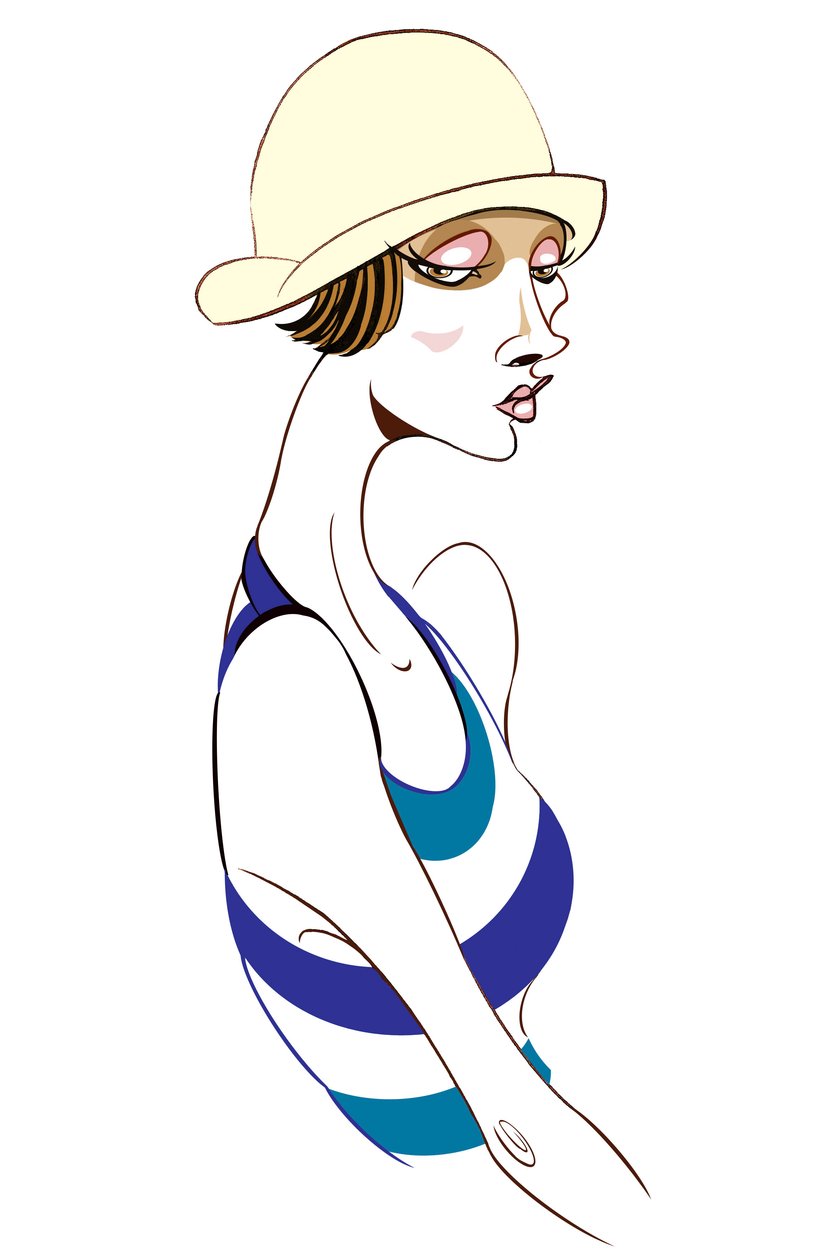 Modèle avec un chapeau cloche et un haut rayé bleu - Neale Osborne