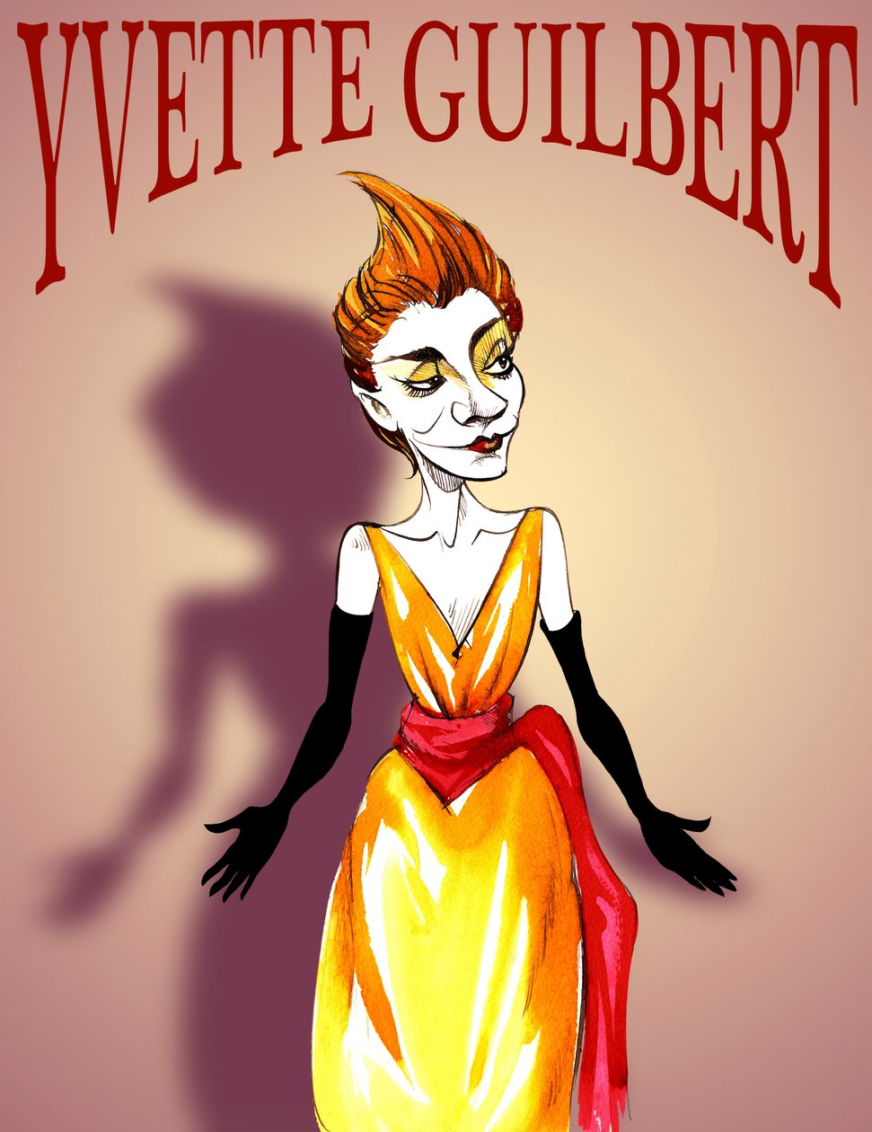 Yvette Guilbert, actrice et chanteuse de cabaret française (1867 - 1944) caricature, avec lettrage dans le style d